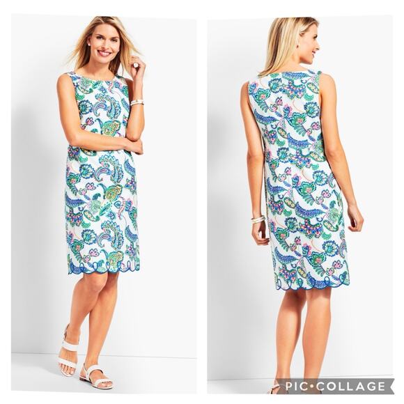 Talbots White Colorful Paisley Floral Sheath Dress Size 12 Scalloped Hem Summer - Picture 1 of 15